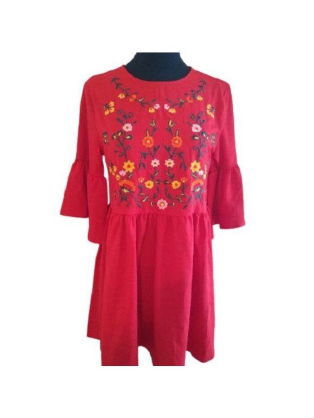 Women's Red Embroidered Babydoll Dress with bell sleeves, size Small